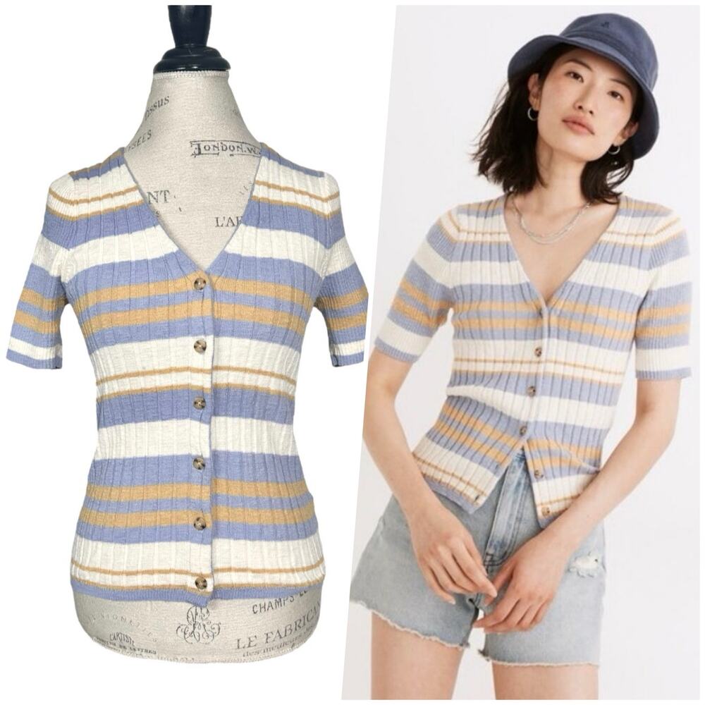 Madewell | Women | Glencrest Stripe Ribbed Button Front Sweater Tee | Small